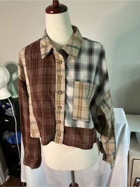 Blue Blush Patchwork Plaid Crop Top in Brown, Tan, Cream